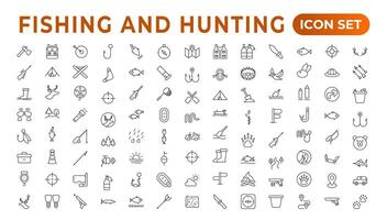 Hunting and fishing icon set.Hunting and fishing line icons collection. Big UI icon set in a flat design. Thin outline icons pack. Mushrooming, Fishing, and Hunting. Outline icon set. vector