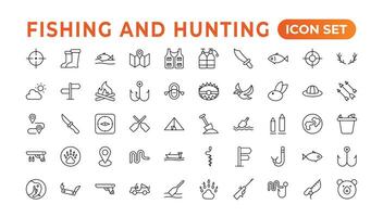 Hunting and fishing icon set.Hunting and fishing line icons collection. Big UI icon set in a flat design. Thin outline icons pack. Mushrooming, Fishing, and Hunting. Outline icon set. vector