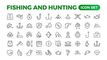 Hunting and fishing icon set.Hunting and fishing line icons collection. Big UI icon set in a flat design. Thin outline icons pack. Mushrooming, Fishing, and Hunting. Outline icon set. vector