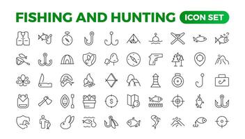 Hunting and fishing icon set.Hunting and fishing line icons collection. Big UI icon set in a flat design. Thin outline icons pack. Mushrooming, Fishing, and Hunting. Outline icon set. vector