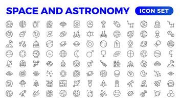 astronomía icono colocar. conteniendo satélites, el universo, astronautas, cohete, cometa, telescopios, y planeta iconos.espacio vector línea iconos, Delgado línea estilo. contiene tal íconos como espacio, planetas, extraterrestre,