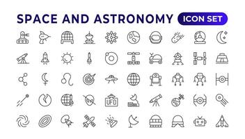 Astronomy icon set. Containing satellites, the universe, astronauts, rocket, comet, telescopes, and planet icons.space Vector Line Icons, thin line style. Contains such Icons as space, planets, alien,