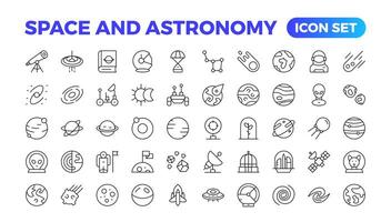 Astronomy icon set. Containing satellites, the universe, astronauts, rocket, comet, telescopes, and planet icons.space Vector Line Icons, thin line style. Contains such Icons as space, planets, alien,