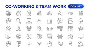 Co-working and Teamwork.Office and coworking linear icons collection. Set of coworking space Icons.Business teamwork, team building, work group, and human resources minimal thin line web icon set. vector