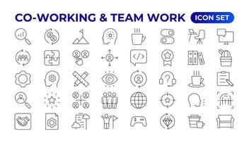 Co-working and Teamwork.Office and coworking linear icons collection. Set of coworking space Icons.Business teamwork, team building, work group, and human resources minimal thin line web icon set. vector