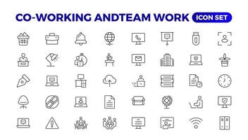 Co-working and Teamwork.Office and coworking linear icons collection. Set of coworking space Icons.Business teamwork, team building, work group, and human resources minimal thin line web icon set. vector