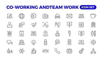 Co-working and Teamwork.Office and coworking linear icons collection. Set of coworking space Icons.Business teamwork, team building, work group, and human resources minimal thin line web icon set. vector