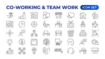 Co-working and Teamwork.Office and coworking linear icons collection. Set of coworking space Icons.Business teamwork, team building, work group, and human resources minimal thin line web icon set. vector