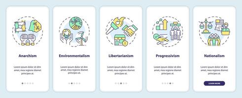 Philosophical politic ideologies onboarding mobile app screen. Walkthrough 5 steps editable graphic instructions with linear concepts. UI, UX, GUI template vector