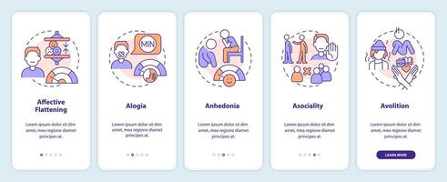 Schizophrenia negative symptoms onboarding mobile app screen. Walkthrough 5 steps editable graphic instructions with linear concepts. UI, UX, GUI template vector