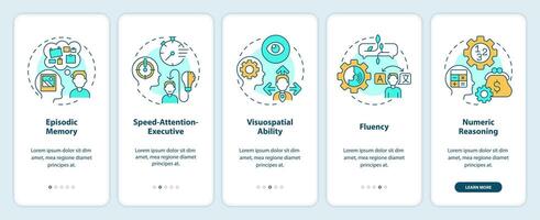 Domains of cognitive function onboarding mobile app screen. Walkthrough 5 steps editable graphic instructions with linear concepts. UI, UX, GUI template vector