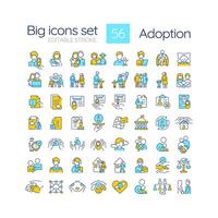 Adoption RGB color icons set. Child custody. Legal process of becoming parents. Happy family. Isolated vector illustrations. Simple filled line drawings collection. Editable stroke