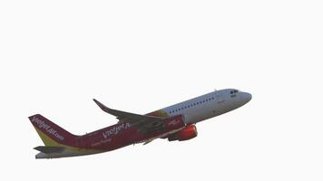 BANGKOK, THAILAND - JANUARY 19, 2023. Passenger aircraft Airbus A320, HS-VKS of Thai VietJetAir taking off, climbing. Airliner departing. Passenger flight in the sky video