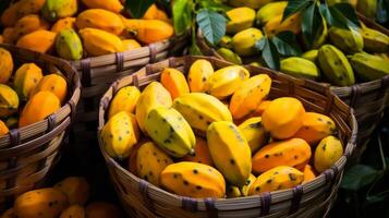 AI generated Colorful and ripe pawpaws presented in appealing and abundant baskets photo