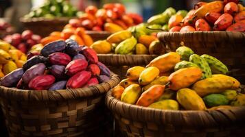 AI generated Display of assorted pawpaws in charming and vibrant baskets photo