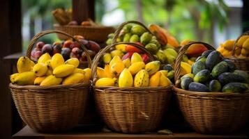 ai generado desbordante cestas exhibiendo un variedad de delicioso y maduro papayas foto