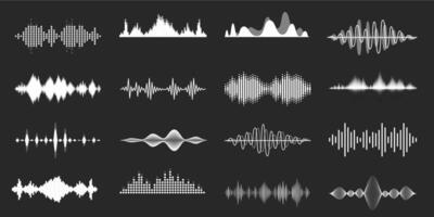 Sound waves. Playing song visualisation, radio frequency lines and sounds amplitudes. Abstract music wave, stereo equalizer and volume levels vector set. Audio soundtrack and digital musical rhythm