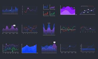 Linear graphcharts. Business graphic charts, line diagrams and business infographics elements vector set. Financial assets monitoring. Investment analysing colorful histograms on black background