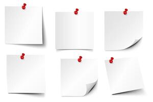 Pinned paper notes. Sticker papers, note on pin and notes board stickers realistic vector set. Notepaper attached with red pushpins. Fastened notepad paper pieces template design