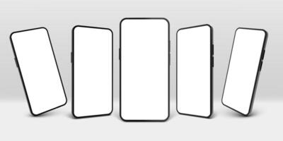 Realistic smartphone mockup. Mobile phone display, device screen frame and black smartphones vector 3D template illustration set. Connection mean, gadget new model presentation