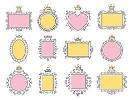 Cute princess frames. Pink mirror frame with princesses crown, majestic hand drawn text borders and royal doodle frame vector set. Collection of empty boards with diadems. Tiaras, flourish elements