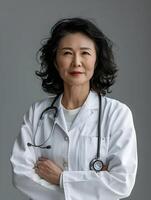 AI generated A happy middle-aged Asian female doctor with a stethscope. High-resolution. AI Generative photo