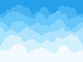 Cartoon sky clouds background. Fluffy clouds in blue sky, cloudscape scene, cloudy weather panorama vector background illustration. Layered cloudcsape backdrop. Pattern design. Heavens
