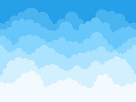 Cartoon sky clouds background. Fluffy clouds in blue sky, cloudscape scene, cloudy weather panorama vector background illustration. Layered cloudcsape backdrop. Pattern design. Heavens