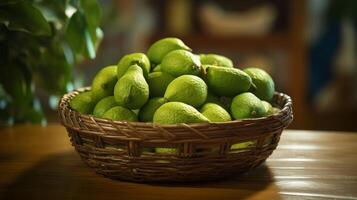 AI generated Colorful display feijoas in a woven basket photo