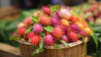 AI generated Ripe rambutans, colorful fruit assortment in a wicker basket photo