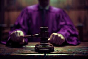 AI Generated Law, judge and closeup of lawyer with gavel for justice, court hearing and legal trial for magistrate. Government, attorney career and zoom of desk for investigation, criminal case and photo