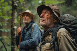 AI Generated Active pensioner. senior travelers in forest on holiday. hiking in mountains photo