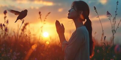 AI Generated Young person praying and silhouette jesus christ cross against sky. spirituality, religion, worshipper, meditation, christianity and national day of prayer. photo