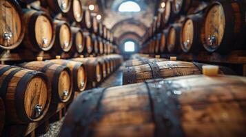 AI generated Rows of Wine Barrels in Wine Cellar photo