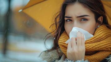 AI generated Woman With Umbrella Blowing Her Nose photo