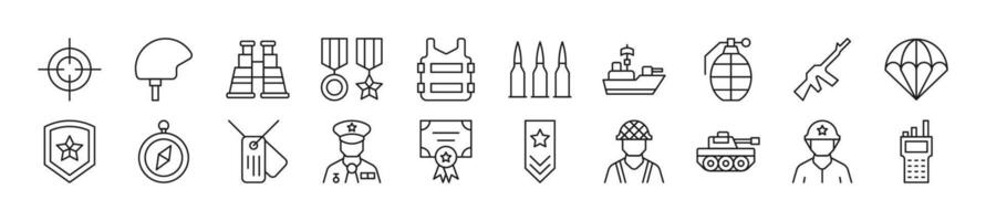 Pack of line icons of army. Editable stroke. Simple outline sign for web sites, newspapers, articles book vector