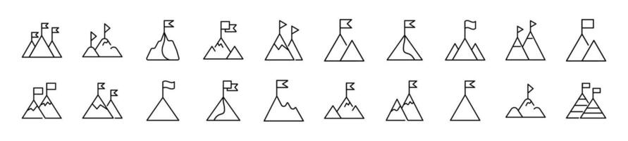 Set of line icons of mountain with flag on top. Editable stroke. Simple outline sign for web sites, newspapers, articles book vector