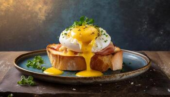 AI generated Eggs benedict and toasted bread on a plate photo