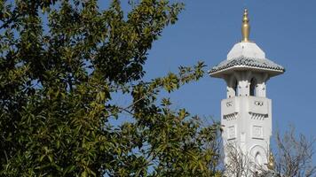 Turm Minarett mit Abonnieren von ein arabisch Moschee ein sonnig Tag video