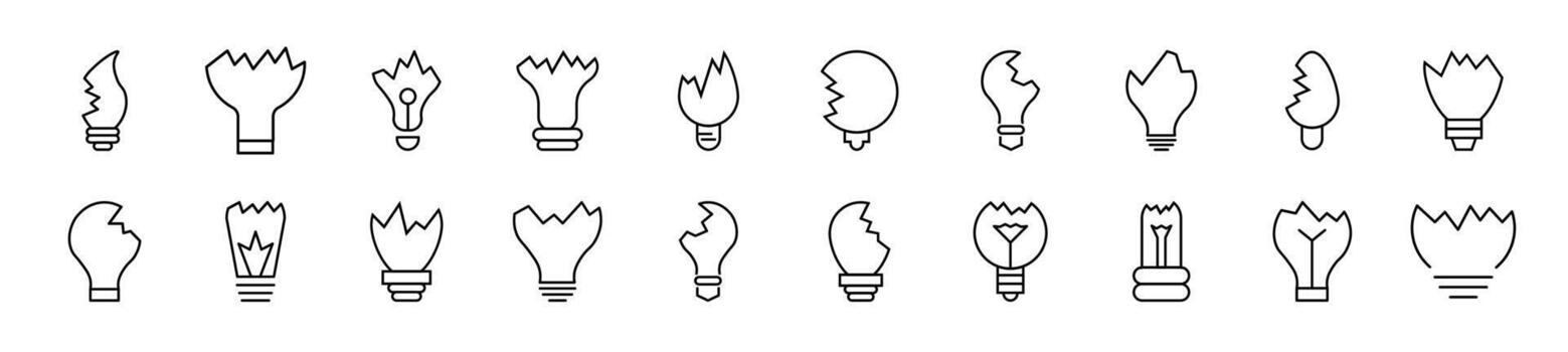 Collection of thin line icons of broken lamps. Editable stroke. Simple linear illustration for web sites, newspapers, articles book vector