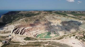 aéreo Visão industrial do aberto mineração pedreira com grande quantidade do maquinaria às trabalhos - extração fluxos para a metal indústria. oval mineração industrial cratera, ácido meu drenagem dentro Rocha. video