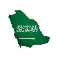 vector aislado ilustración. oficial bandera de saudi arabia bandera en nacional mapa con Arábica texto shahada en verde antecedentes. creativo diseño