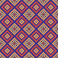 A cross stitch pattern a colorful ethnic patterns of diamonds and triangles on a dark blue background.Design for fabric,pattern,embroidery,pixel,motif,towel,folk,retro,handicraft,abstract,batik,zigzag vector
