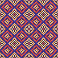 A cross stitch pattern a colorful ethnic patterns of diamonds and triangles on a dark blue background.Design for fabric,pattern,embroidery,pixel,motif,towel,folk,retro,handicraft,abstract,batik,zigzag vector