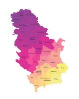 Vector isolated illustration of simplified administrative map of Serbia. Borders and names of the districts. Multi colored silhouettes.