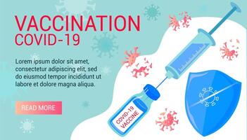 A vaccine against coronavirus. A syringe, a bottle of vaccine, and a shield. vector