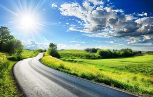 ai generado soleado día terminado un curvo país la carretera en un lozano verde paisaje foto