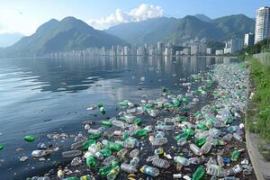 AI generated Plastic pollution from waste single use plastic professional photography photo