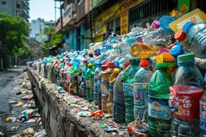 AI generated Plastic pollution from waste single use plastic professional photography photo