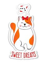 Sticker with cute red spotted cat isolated on white background. Vector illustration for children, fabric.